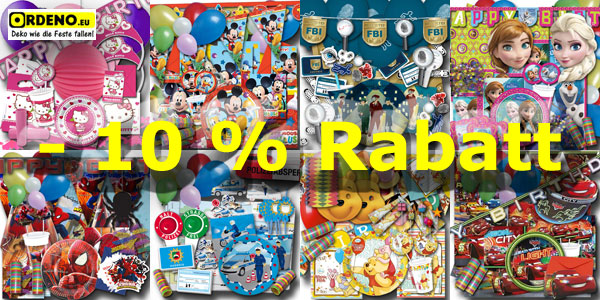 10 % Rabatt auf Kindergeburtstag Deko Sets bei ordeno.eu Minus 10 % Rabatt auf Kindergeburtstag Deko Sets bei ordeno.eu - Deko wie die Feste fallen!